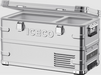 An image of a silver ICECO portable refrigerator/freezer with its lid partially open, revealing two separate compartments inside. The cooler features sturdy latches, side handles, and a control panel with a digital display. The overall design is robust and modern, hinting at its durable construction