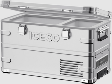 An image of a silver ICECO portable refrigerator/freezer with its lid partially open, revealing two separate compartments inside. The cooler features sturdy latches, side handles, and a control panel with a digital display. The overall design is robust and modern, hinting at its durable construction