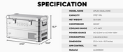 An image displaying the specifications of the ICECO APL35 Dual Zone portable refrigerator/freezer. The image features an angled front view of the silver cooler with its dimensions (27.0" L x 14.4" W x 15.7" H) labeled, alongside a table detailing its features: Model Name (APL35 | Dual Zone), Capacity (37QT | 35L), Net Weight (32.0 LBS), Compressor (SECOP), Cooling Range (-4°F~68°F), Power Source (DC 12/24V or AC 110V~120V), Consumption (0.644KW.H/24H), Dimension (27.0 × 14.4 × 15.7 inches)