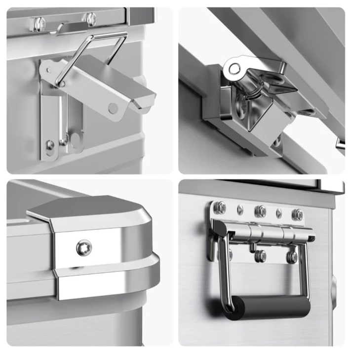 An image featuring a four-panel close-up of the ICECO portable refrigerator/freezer's hardware details. The top left panel shows a robust, shiny metallic latch in a closed position. The top right panel displays another view of the latch mechanism, highlighting its sturdy construction. The bottom left panel focuses on a reinforced corner protector, indicating durability. The bottom right panel shows a heavy-duty, fold-down handle with a black grip, securely attached with multiple rivets