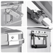 An image featuring a four-panel close-up of the ICECO portable refrigerator/freezer's hardware details. The top left panel shows a robust, shiny metallic latch in a closed position. The top right panel displays another view of the latch mechanism, highlighting its sturdy construction. The bottom left panel focuses on a reinforced corner protector, indicating durability. The bottom right panel shows a heavy-duty, fold-down handle with a black grip, securely attached with multiple rivets