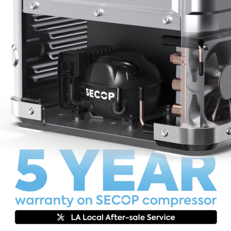 An image showcasing the internal components of the ICECO portable refrigerator/freezer, specifically highlighting the SECOP compressor. The main focus is a close-up of the black SECOP compressor unit, surrounded by copper piping and a fan, all housed within the silver casing of the cooler. Overlaying the image, in large blue text, is "5 YEAR", followed by "warranty on SECOP compressor" in smaller white text. Below that, in a black bar, is "LA Local After-sale Service" with a wrench icon