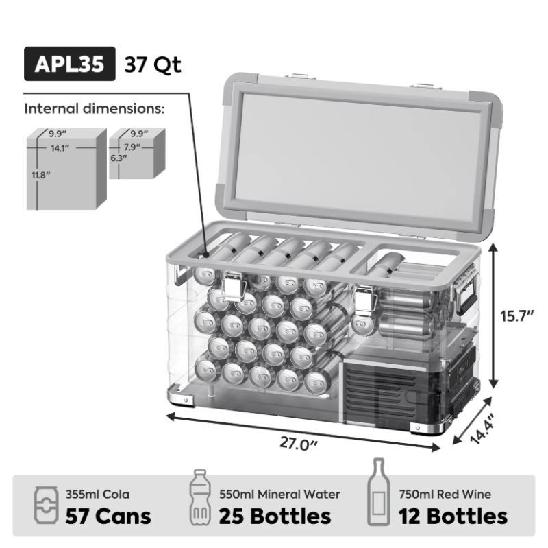 An image illustrating the internal capacity and dimensions of the ICECO APL35 37-quart portable refrigerator/freezer. The main part of the image shows a transparent, wireframe view of the cooler, filled with various beverages to demonstrate its capacity: 355ml cola cans are stacked in one compartment, 550ml mineral water bottles are laid horizontally in another, and 750ml red wine bottles are shown in a third section