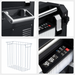 An image showing close-ups of a black ICECO cooler's features: a silver handle, control panel with display, and an interior wire basket, highlighting details like temperature (40.00) and voltage (12.8V)