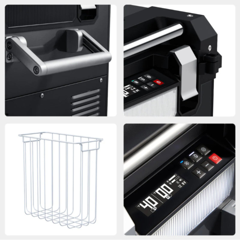 An image showing close-ups of a black ICECO cooler's features: a silver handle, control panel with display, and an interior wire basket, highlighting details like temperature (40.00) and voltage (12.8V)