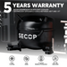 An image highlighting a "5 YEARS WARRANTY" on the SECOP compressor of the ICECO cooler, showing the compressor and icons for "Fast Cooling," "Low noise," "3-Level Battery Protection," and "40° Tilt Operable."