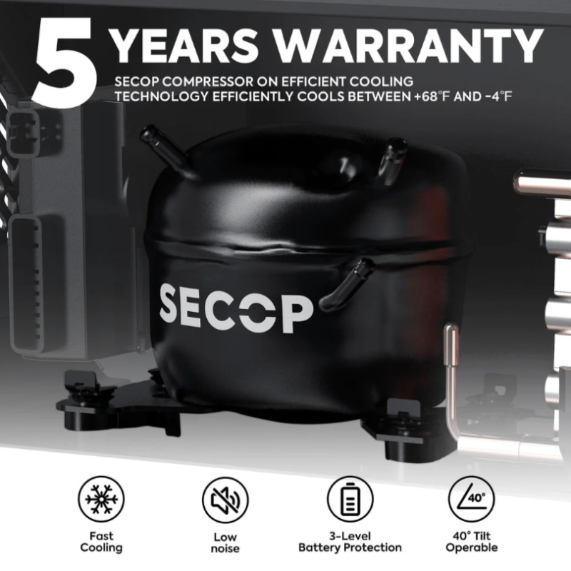An image highlighting a "5 YEARS WARRANTY" on the SECOP compressor of the ICECO cooler, showing the compressor and icons for "Fast Cooling," "Low noise," "3-Level Battery Protection," and "40° Tilt Operable."