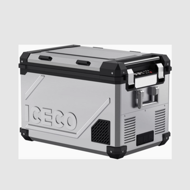 An image of an ICECO portable refrigerator/freezer, silver in color with black accents on the corners and lid. The cooler features a rugged design with textured side panels, a control panel on the right side, and sturdy handles. It is shown from an angled front and side view on a plain light grey background