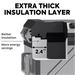 An image highlighting the "EXTRA THICK INSULATION LAYER" of the ICECO portable refrigerator/freezer. The image shows a cutaway view of the cooler's lid and body, revealing a 2.4-inch thick insulation layer. Text on the left states "Better insulation" and "More energy savings", emphasizing the benefits of this feature