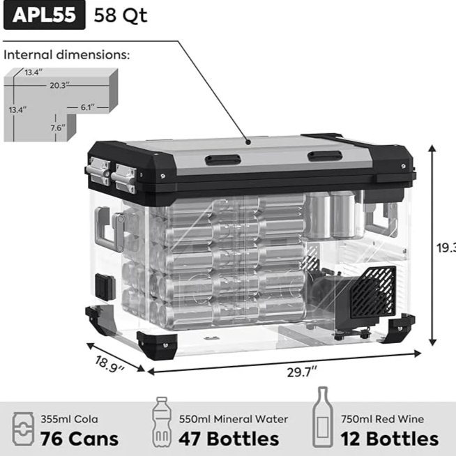 An image showing the transparent view of the ICECO APL55 58-quart portable refrigerator/freezer, displaying its internal capacity with 76 cans, 47 mineral water bottles, and 12 red wine bottles. Dimensions of 29.7" L x 18.9" W x 19.3" H are also indicated