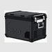 An image of a black ICECO portable refrigerator/freezer with black accents and silver latches and handles. The cooler has a rugged design with textured side panels, a control panel on the right side, and a prominent ICECO logo on the front. It is shown from an angled front and side view on a plain light grey background