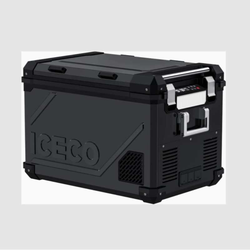 An image of a black ICECO portable refrigerator/freezer with black accents and silver latches and handles. The cooler has a rugged design with textured side panels, a control panel on the right side, and a prominent ICECO logo on the front. It is shown from an angled front and side view on a plain light grey background