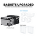 An image titled "BASKETS UPGRADED" showing silver and black ICECO APL55S/APL55B coolers, alongside examples of new and old version randomized wire baskets, indicating a design update