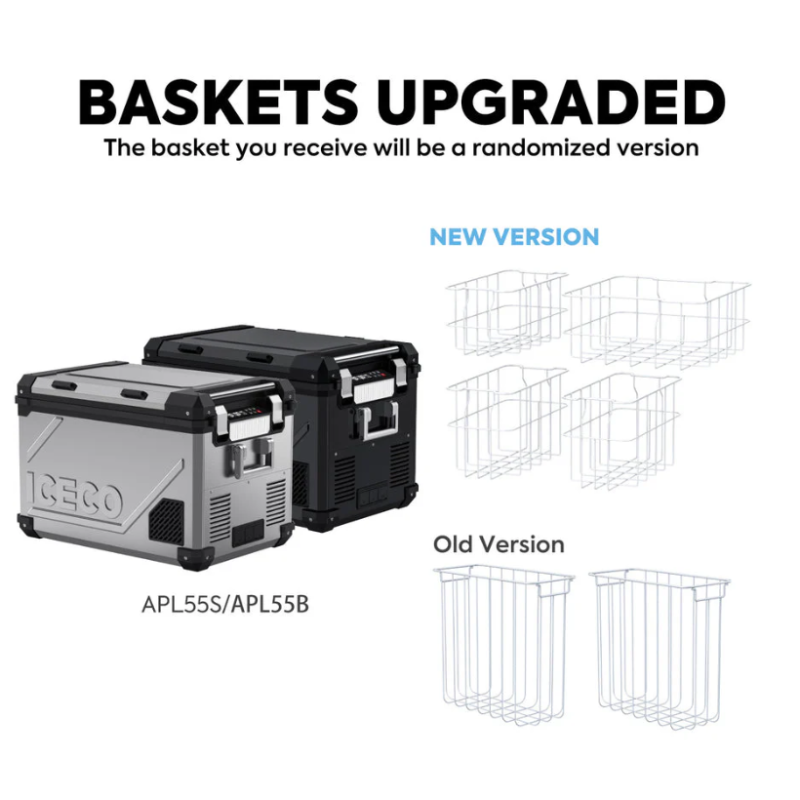 An image titled "BASKETS UPGRADED" showing silver and black ICECO APL55S/APL55B coolers, alongside examples of new and old version randomized wire baskets, indicating a design update