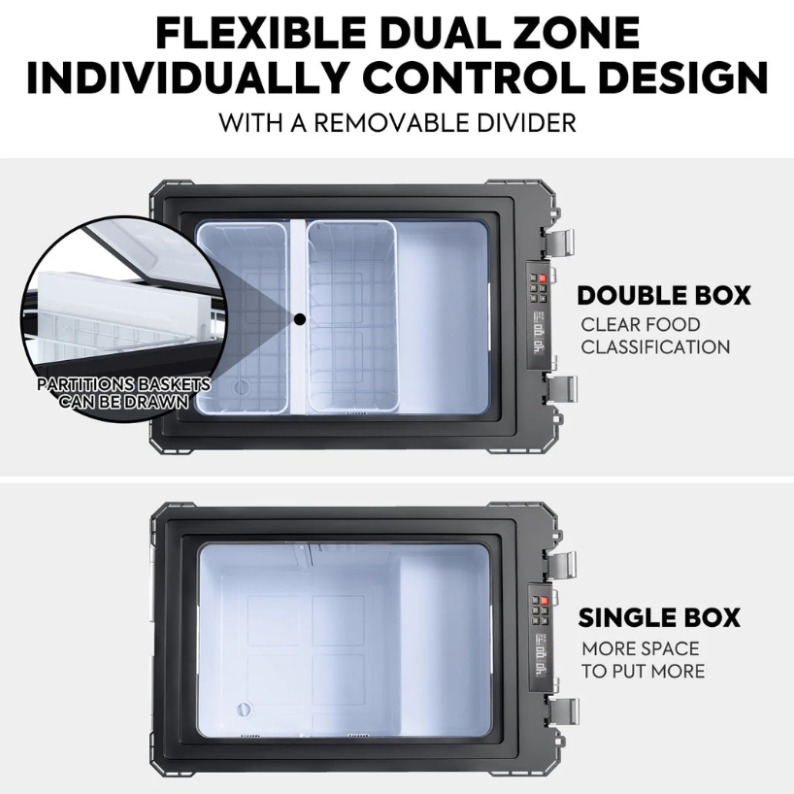 An image demonstrating the ICECO cooler's "FLEXIBLE DUAL ZONE" feature, showing overhead views of its interior configurable as a "DOUBLE BOX" with a removable divider for food classification, or a "SINGLE BOX" for more space