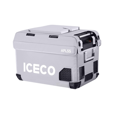 An angled front and side view of an ICECO APL55 portable refrigerator/freezer in a light gray protective cover with "ICECO" and "APL55" visible, on a white background