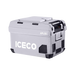 An angled front and side view of an ICECO APL55 portable refrigerator/freezer in a light gray protective cover with "ICECO" and "APL55" visible, on a white background