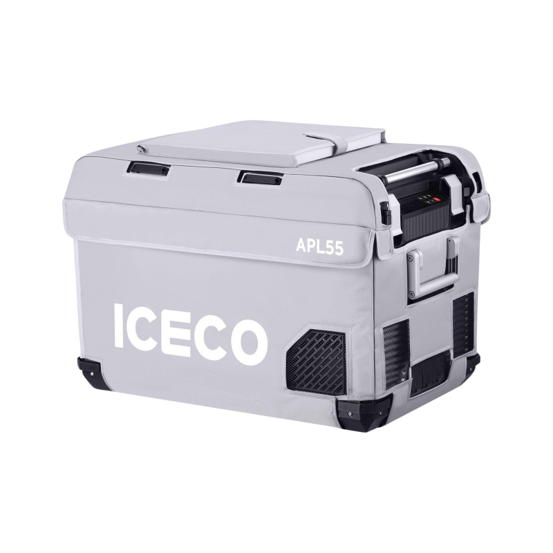 An angled front and side view of an ICECO APL55 portable refrigerator/freezer in a light gray protective cover with "ICECO" and "APL55" visible, on a white background