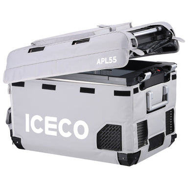 An angled front and side view of an ICECO APL55 portable refrigerator/freezer in a light gray protective cover, with its lid partially open to reveal the interior and "ICECO" and "APL55" visible, on a white background