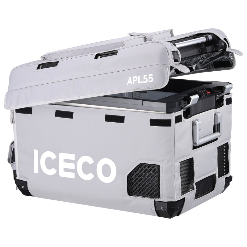 An angled front and side view of an ICECO APL55 portable refrigerator/freezer in a light gray protective cover, with its lid partially open to reveal the interior and "ICECO" and "APL55" visible, on a white background