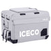 An angled front and side view of an ICECO APL55 portable refrigerator/freezer in a light gray protective cover, displaying the "ICECO" logo and "APL55" model name, with side pockets visible on a white background