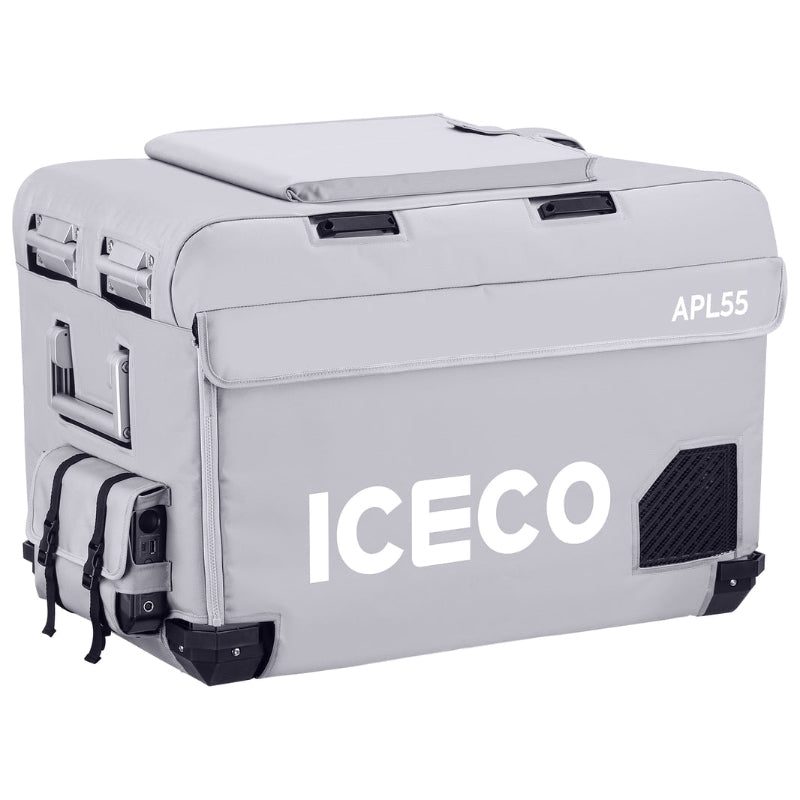 An angled front and side view of an ICECO APL55 portable refrigerator/freezer in a light gray protective cover, displaying the "ICECO" logo and "APL55" model name, with side pockets visible on a white background