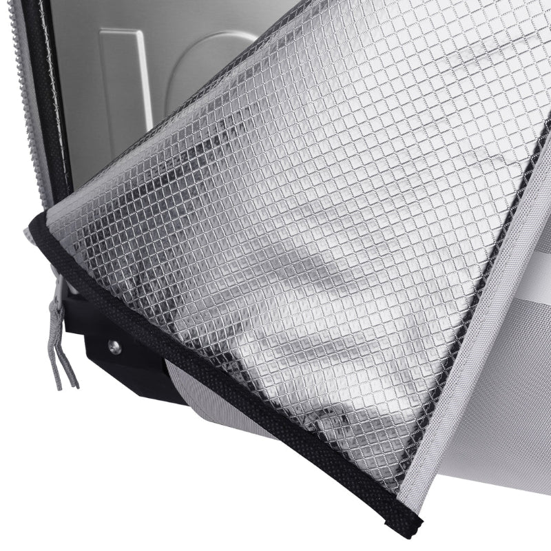 A close-up image showing the reflective, silver interior lining of the ICECO APL55 portable refrigerator/freezer's protective cover, with a black trim and white stitching visible