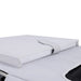 A close-up image showing the top of the light gray protective cover for the ICECO APL55 portable refrigerator/freezer, featuring a secured top flap with a light gray strap, on a white background
