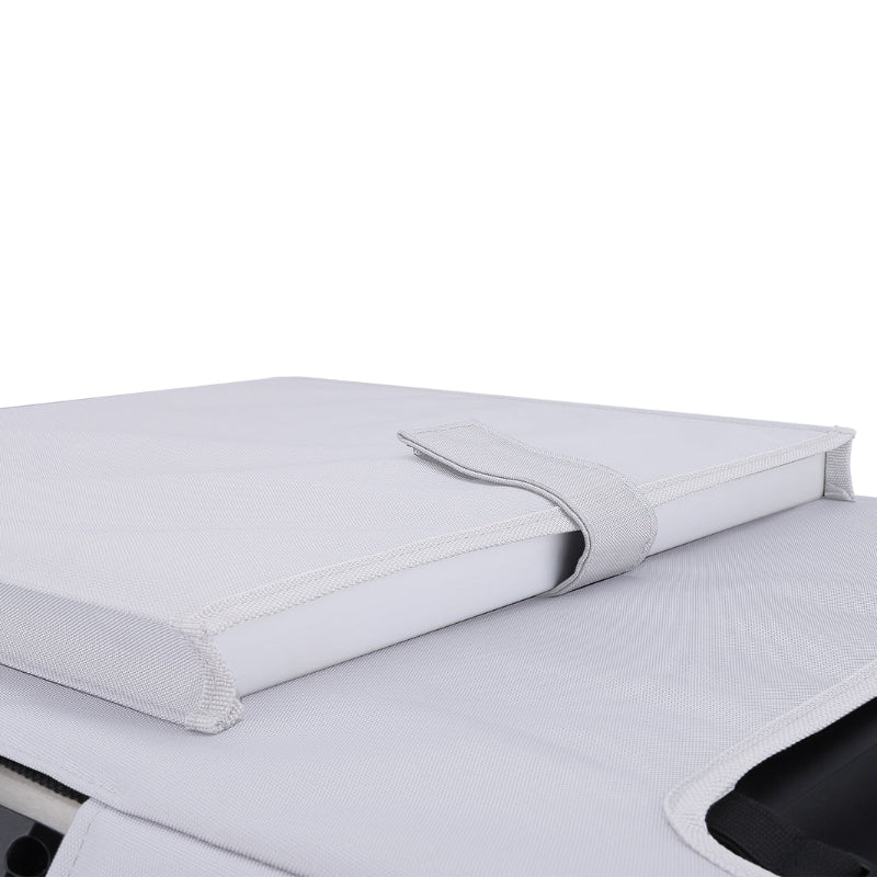 A close-up image showing the top of the light gray protective cover for the ICECO APL55 portable refrigerator/freezer, featuring a secured top flap with a light gray strap, on a white background
