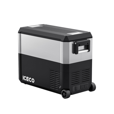 Image of a black and silver ICECO JP50 PROS portable refrigerator/freezer with wheels, shown from an angled front and side view on a white background