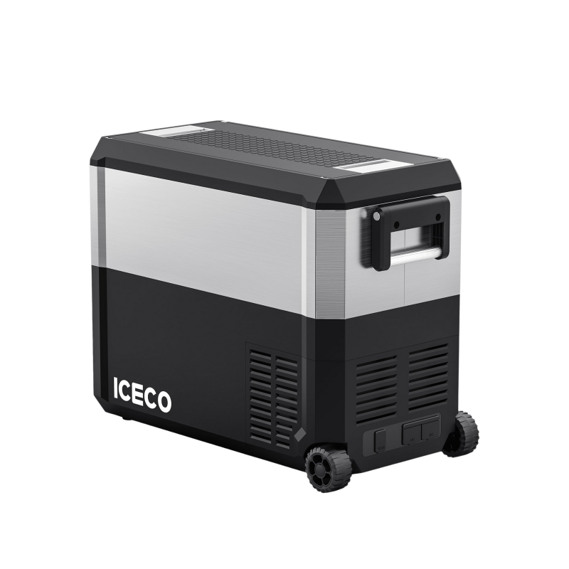 Image of a black and silver ICECO JP50 PROS portable refrigerator/freezer with wheels, shown from an angled front and side view on a white background