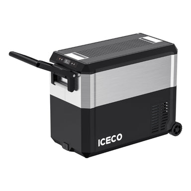Image of a black and silver ICECO portable refrigerator/freezer with a pulled-out handle and wheels, shown from an angled front and side view on a white background