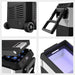 Image of a black and silver portable refrigerator/freezer with four close-up views: bottom with wheels and DC 12V/24V input, pull-out handle, top view with capacity for six bottles and digital display, and an interior view with LED lighting