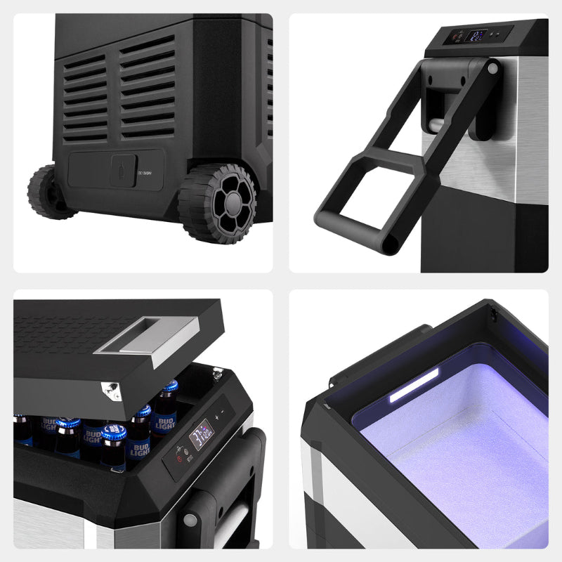 Image of a black and silver portable refrigerator/freezer with four close-up views: bottom with wheels and DC 12V/24V input, pull-out handle, top view with capacity for six bottles and digital display, and an interior view with LED lighting