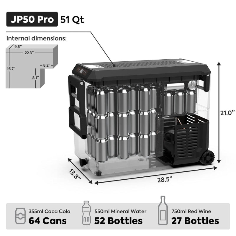 Image displaying the internal dimensions and capacity of the JP50 Pro 51 Qt portable refrigerator, showing it can hold 64 Coca-Cola cans, 52 mineral water bottles, or 27 red wine bottles