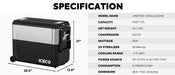 Image showcasing the specifications of the ICECO JP50 PRO single-zone portable refrigerator, detailing its model name, 51QT/47L capacity, 40.7 lbs net weight, SECOP compressor, 50W wattage, 30-minute UV sterilizer, -4°F to 68°F cooling range, DC 12/24V or AC 110-120V power source, 0.405KW.H/24H consumption, and dimensions of 28.5" x 13.8" x 21"