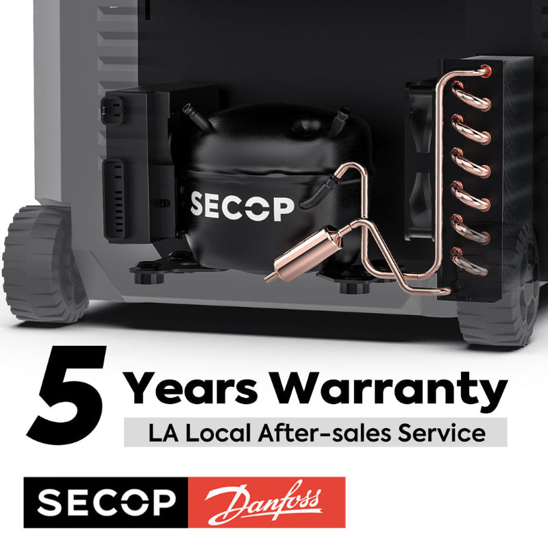 Image displaying the internal Secop compressor of a portable refrigerator/freezer, highlighting a "5 Years Warranty" and "LA Local After-sales Service", with the Secop and Danfoss logos at the bottom