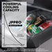 Image comparing the powerful cooling capacity of the JPPRO portable refrigerator, showing it cools from 77°F to -4°F in 38 minutes, significantly faster than "other" models, with an inset of chilled beverage cans