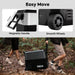 Image demonstrating the "Easy Move" features of the ICECO portable refrigerator, showcasing a close-up of the 11.4-inch magnetic handle and smooth wheels, with two individuals walking on a dirt path, one carrying the cooler by the handle