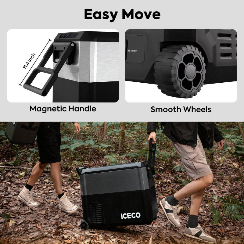 Image demonstrating the "Easy Move" features of the ICECO portable refrigerator, showcasing a close-up of the 11.4-inch magnetic handle and smooth wheels, with two individuals walking on a dirt path, one carrying the cooler by the handle