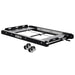 A black ICECO refrigerator slide tray with silver rails and a textured black platform, designed for easy access, accompanied by two black securing straps, all presented on a white background
