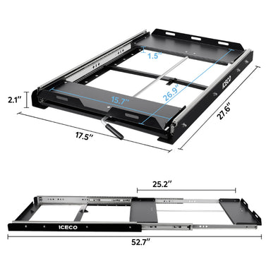 A top and front angled view of an ICECO refrigerator slide, with its dimensions clearly labeled in inches, showing its compact form and the extendable mechanism, all set against a clean white background