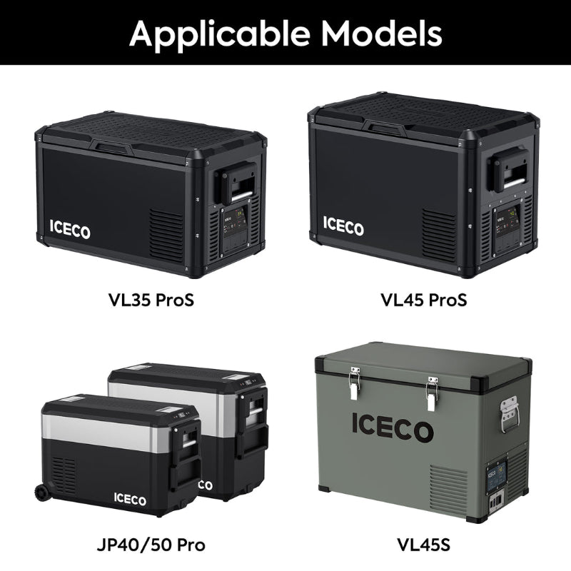 An image titled "Applicable Models" displaying four different ICECO portable refrigerators: the black VL35 ProS, black VL45 ProS, a two-pack of JP40/50 Pro models (one black and silver, one silver), and a gray VL45S model, each shown at an angle on a white background