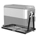 An ICECO refrigerator slide with a partially transparent portable refrigerator secured by black straps, showcasing how the refrigerator sits on the black and silver slide, all presented on a white background