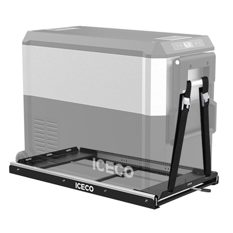 An ICECO refrigerator slide with a partially transparent portable refrigerator secured by black straps, showcasing how the refrigerator sits on the black and silver slide, all presented on a white background