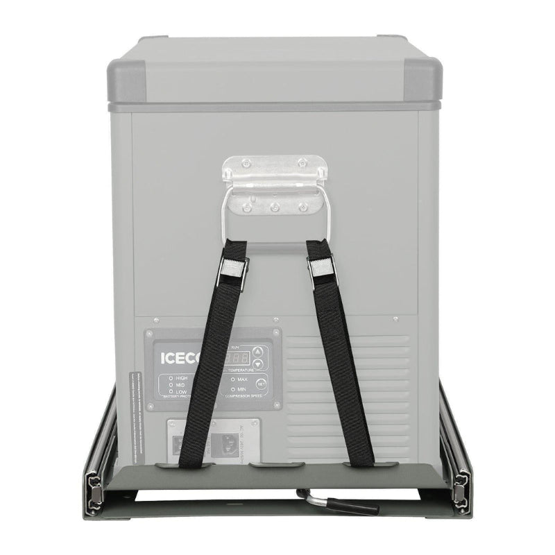 A portable refrigerator, partially transparent, mounted on an ICECO slide tray and secured with two black straps, viewed from the front, showcasing the refrigerator's control panel and the slide mechanism on a white background