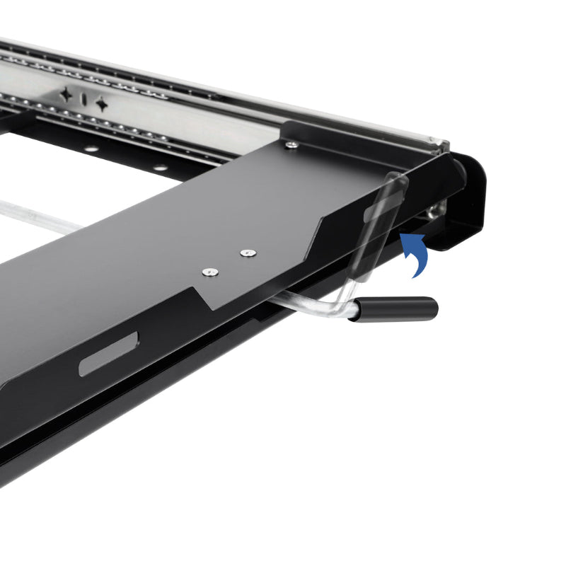 A close-up, angled view of the ICECO refrigerator slide, highlighting the black handle mechanism with a blue arrow indicating the pulling motion to extend the slide, set against a white background