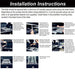 An image displaying "Installation Instructions" for a refrigerator slide, featuring a step-by-step visual guide with eight numbered panels showing how to install the slide in a vehicle, from positioning and marking to drilling, securing, and finally, strapping the refrigerator
