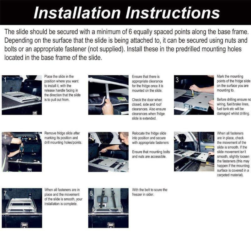 An image displaying "Installation Instructions" for a refrigerator slide, featuring a step-by-step visual guide with eight numbered panels showing how to install the slide in a vehicle, from positioning and marking to drilling, securing, and finally, strapping the refrigerator