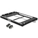 Image of a black ICECO refrigerator slide tray with silver rails and a handle, accompanied by two black securing straps, shown from an angled front and side view on a white background